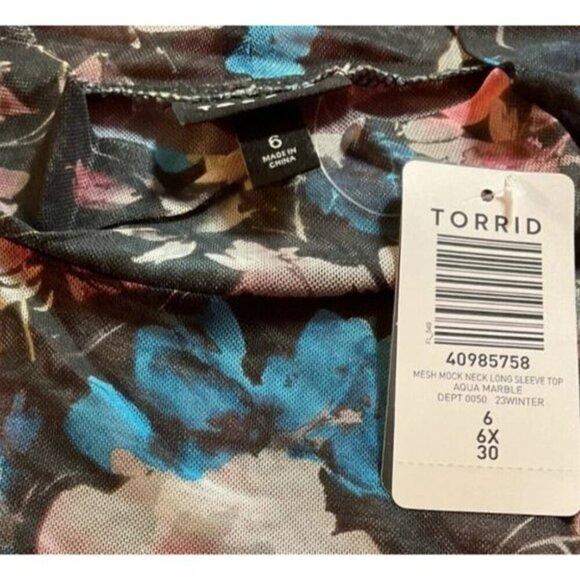Torrid +6 Sheer Mesh Black Floral Mock Neckline Long Sleeve Pullover Blouse - Picture 6 of 6